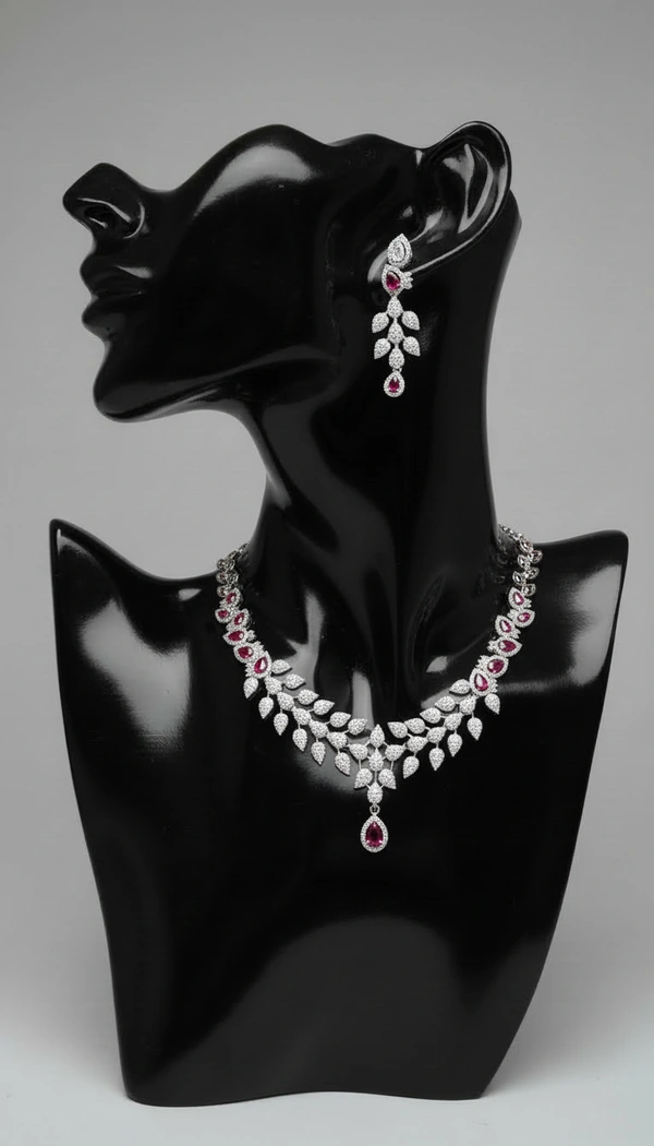 BH0532 : Luxury American Diamond Necklace Set with Pink Stones & Matching Long Earrings for Women – Silver Finish Bridal Jewellery