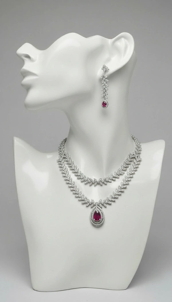 BH0535 : Luxury American Diamond Layered Necklace Set with Ruby Pink Teardrop Pendant & Matching Long Earrings for Women