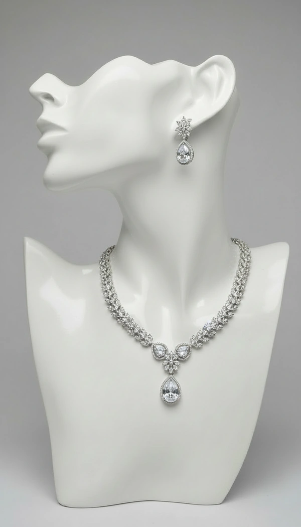BH0536 : Elegant American Diamond Teardrop Necklace Set with Matching Earrings for Women – Silver Finish Bridal & Party Jewellery