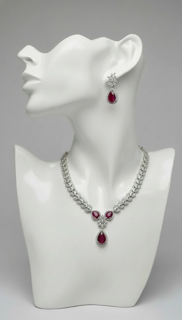 BH537 : Elegant American Diamond Teardrop Necklace Set with Matching Earrings for Women – Silver Finish Bridal & Party Jewellery