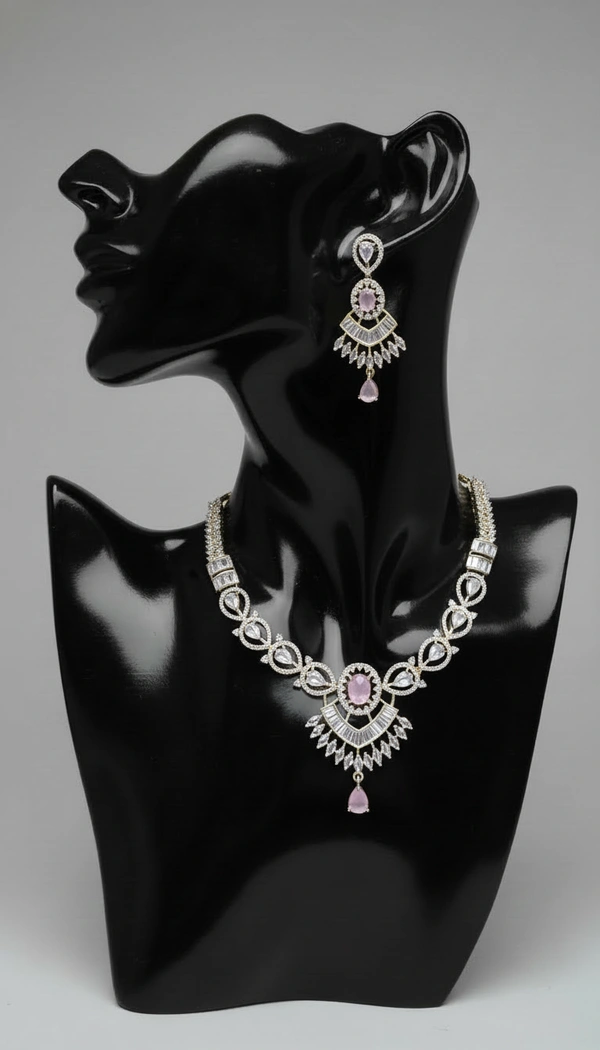 BH0539 : Designer American Diamond Necklace Set with Light Pink Stones & Matching Long Earrings for Women – Silver Finish Bridal Jewellery
