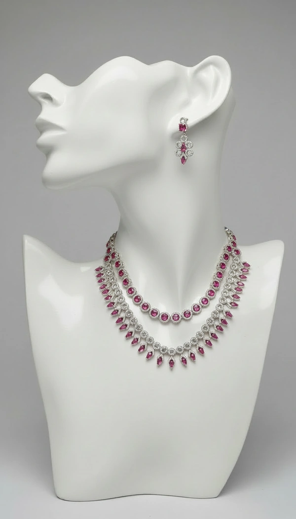 BH541 : Luxury Double Layer American Diamond Necklace Set with Matching Earrings for Women – Silver Finish Bridal & Party Jewellery