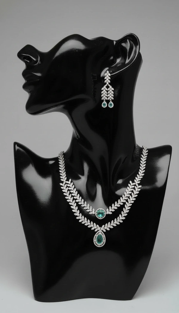 BH0543 : Elegant Double Layer American Diamond Necklace Set with Pink Teardrop Pendant & Matching Earrings for Women
