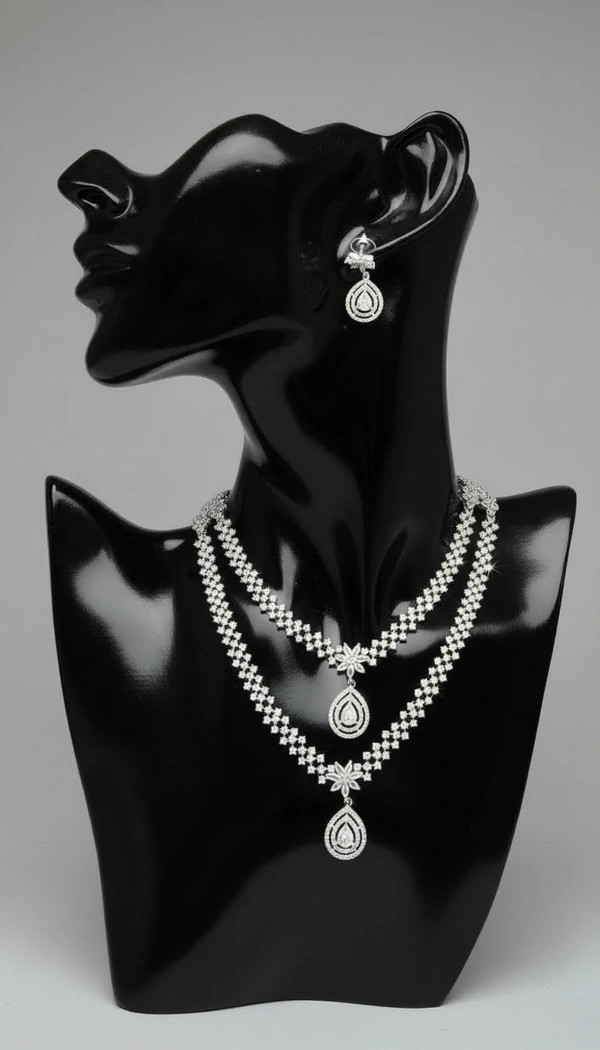 BH0545 : Elegant Double Layer American Diamond Necklace Set with Teardrop Pendant & Matching Earrings for Women – Silver Finish Party Jewellery