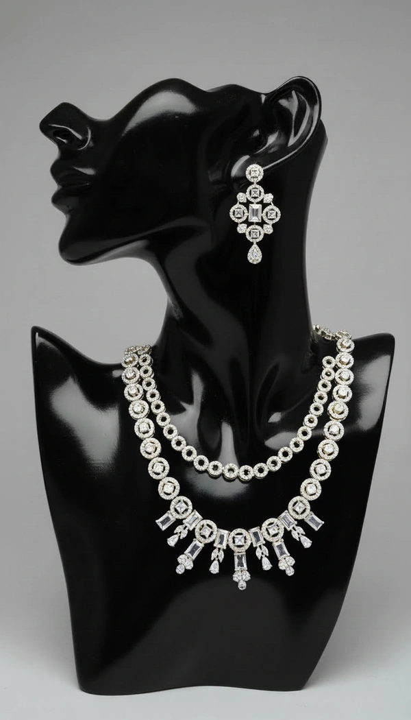 BH0546 : Luxury Double Layer American Diamond Necklace Set with Statement Earrings for Women – Silver Finish Bridal Jewellery