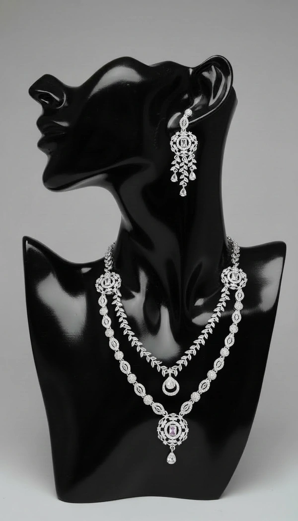BH0547 : Luxury Double Layer American Diamond Necklace Set with Matching Long Earrings for Women – Silver Finish Bridal Jewellery