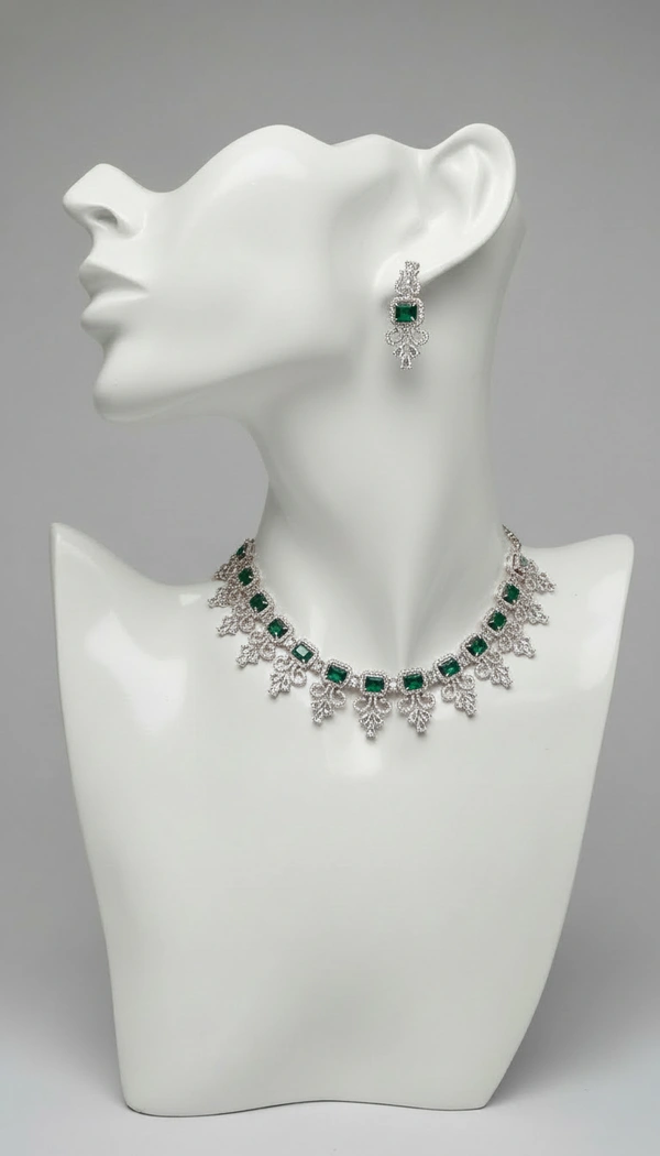 BH0553 : Elegant American Diamond Choker Necklace Set with Matching Earrings for Women – Silver Finish Bridal & Party Jewellery