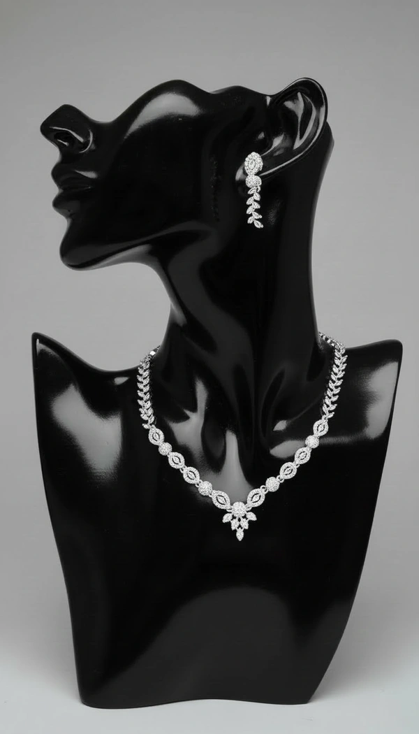 BH0555 : Elegant American Diamond Necklace Set with Matching Leaf Drop Earrings for Women – Silver Finish Party & Bridal Jewellery