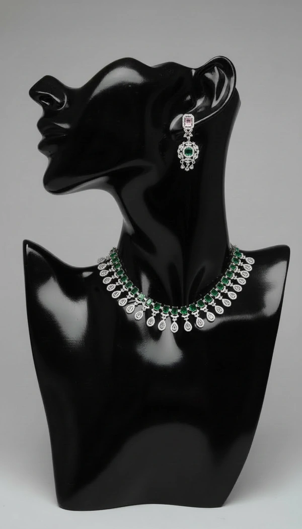BH0557 : Emerald Green American Diamond Choker Necklace Set with Matching Earrings for Women – Silver Plated Bridal & Party Wear Jewellery