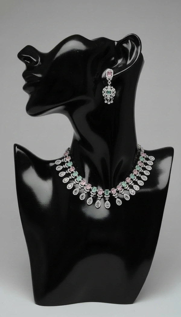BH0558 : Emerald Green American Diamond Choker Necklace Set with Matching Earrings for Women – Silver Plated Bridal & Party Wear Jewellery