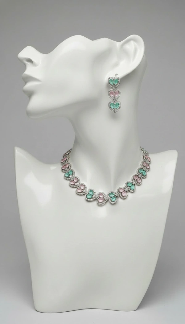 BH0561 : Pastel Heart Stone American Diamond Necklace Set with Matching Earrings – Pink & Mint Green Silver Plated Party Wear Jewellery for Women