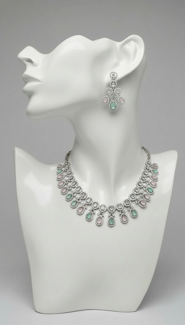 BH0563 : Pastel Pink & Mint Green American Diamond Necklace Set with Matching Earrings – Silver Plated Bridal Jewellery Set for Women