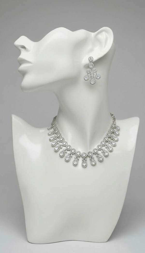 BH0562 : White Stone American Diamond Necklace Set with Drop Earrings – Silver Plated Teardrop Bridal Jewellery Set for Women
