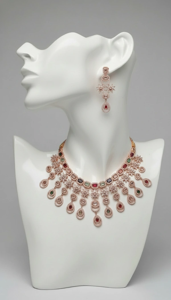 BH0566 : Rose Gold Multicolor American Diamond Necklace Set with Long Earrings – Designer Bridal Party Wear Jewellery for Women