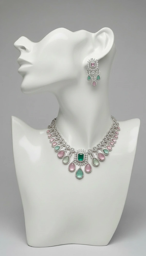 BH0569 : Pink & Mint Green American Diamond Necklace Set with Emerald Centre Stone and Earrings – Silver Plated Bridal Jewellery for Women