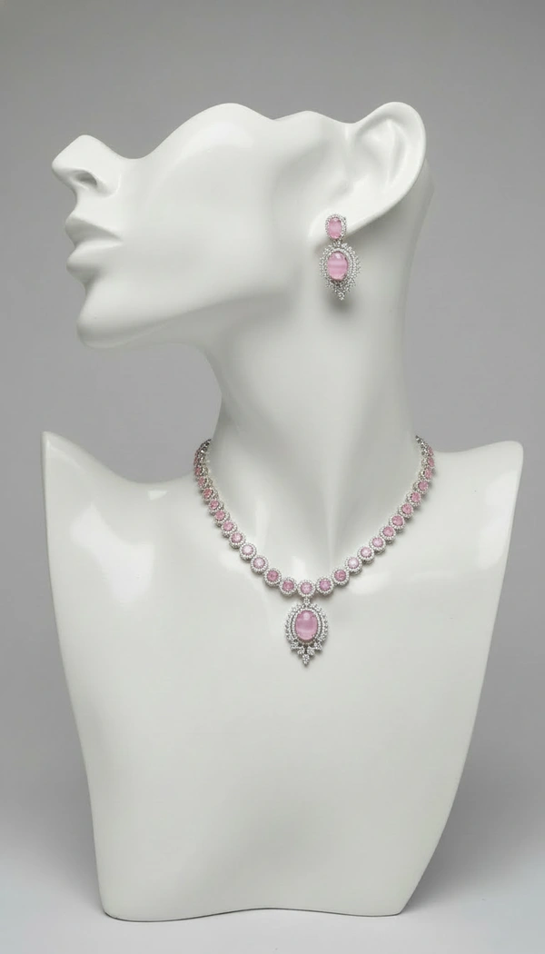 BH0576 : Luxury Emerald Green American Diamond Necklace Set with Oval Pendant & Matching Earrings for Women – Silver Plated Bridal Jewellery