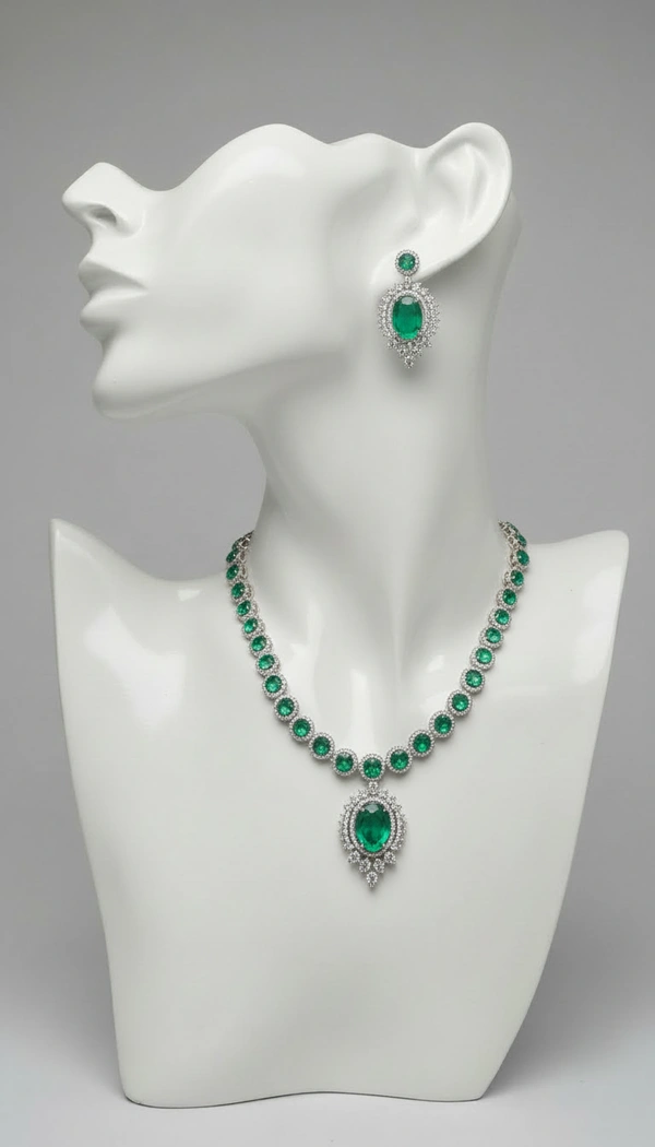 BH0573 :Luxury Emerald Green American Diamond Necklace Set with Oval Pendant & Matching Earrings for Women – Silver Plated Bridal Jewellery