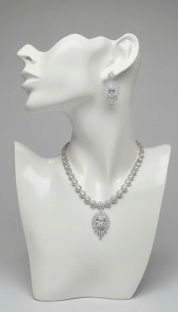 BH0574 : Luxury Emerald Green American Diamond Necklace Set with Oval Pendant & Matching Earrings for Women – Silver Plated Bridal Jewellery