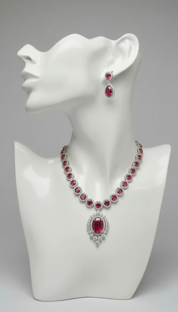 BH0574 : Luxury Emerald Red American Diamond Necklace Set with Oval Pendant & Matching Earrings for Women – Silver Plated Bridal Jewellery
