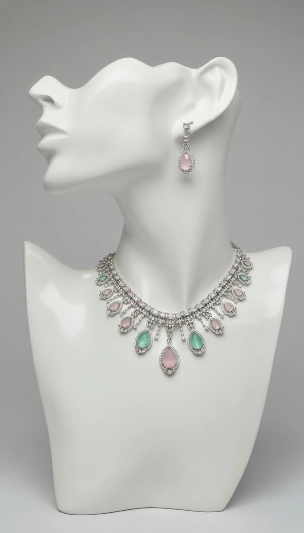 BH0578 : Pink Teardrop American Diamond Choker Necklace Set with Matching Earrings for Women – Silver Plated Bridal & Party Wear Jewellery