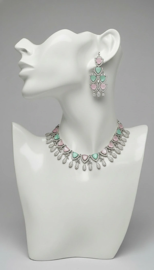 BH0581 : Pink Heart Stone American Diamond Choker Necklace Set with Matching Statement Earrings for Women – Silver Plated Bridal & Party Wear Jewellery