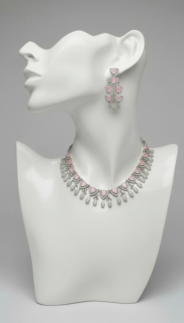 BH0579 : Pink Stone American Diamond Choker Necklace Set with Matching Statement Earrings for Women – Silver Plated Bridal & Party Wear Jewellery