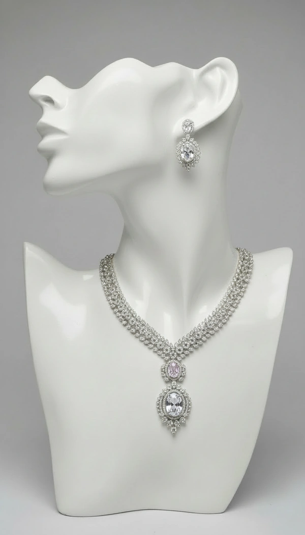 BH0585 : Luxury American Diamond Choker Necklace Set with Oval Pendant & Matching Earrings for Women – Silver Plated Bridal and Party Jewellery