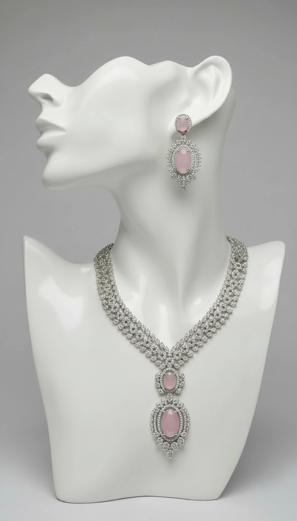 BH0586 : Luxury American Diamond Choker Necklace Set with Oval Pendant & Matching Earrings for Women – Silver Plated Bridal and Party Jewellery