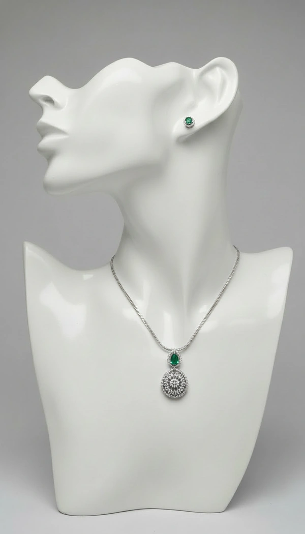 BH0591 : Elegant Green Stone American Diamond Pendant Necklace Set with Stud Earrings for Women – Silver Plated Party Jewellery