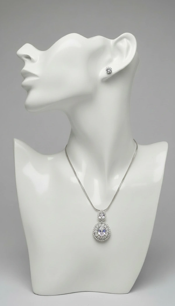 BH0588 : Elegant American Diamond Pendant Necklace Set with Stud Earrings for Women – Silver Plated Round Crystal Jewellery