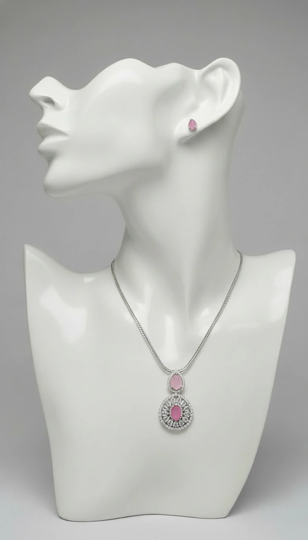 BH0590 : Elegant American Diamond Pendant Necklace Set with Stud Earrings for Women – Silver Plated Round Crystal Jewellery