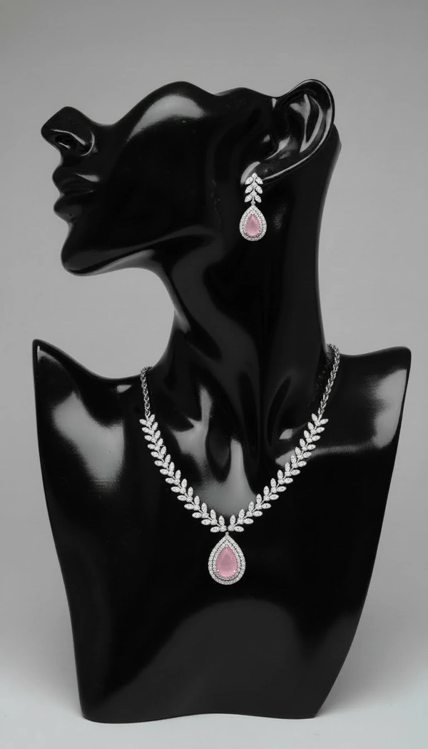 BH0594 : Elegant Pink Teardrop American Diamond Necklace Set with Earrings for Women – Silver Plated Leaf Design Party Jewellery