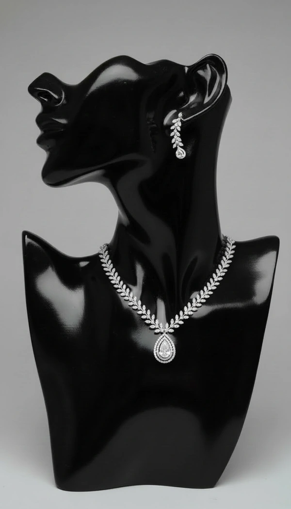 BH0593 : Elegant White Teardrop American Diamond Necklace Set with Earrings for Women – Silver Plated Leaf Design Party Jewellery
