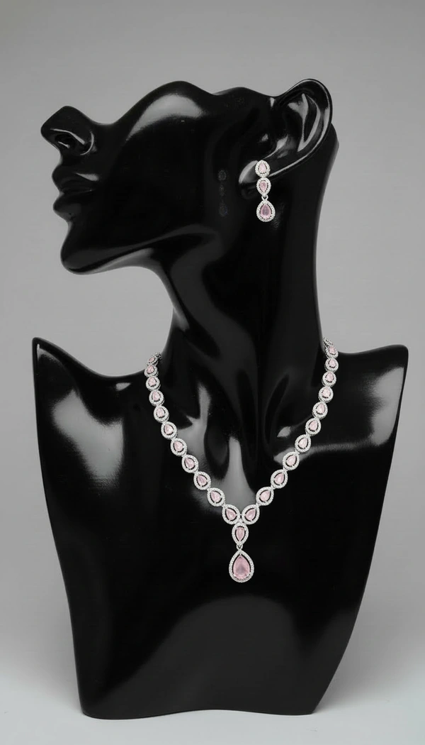 BH05908 : Pink Teardrop American Diamond Necklace Set with Matching Earrings for Women – Silver Plated Party & Bridal Jewellery