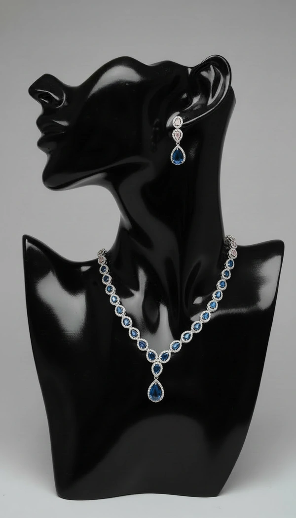BH0595 : Royal Blue Teardrop American Diamond Necklace Set with Matching Earrings for Women – Silver Plated Party & Bridal Jewellery