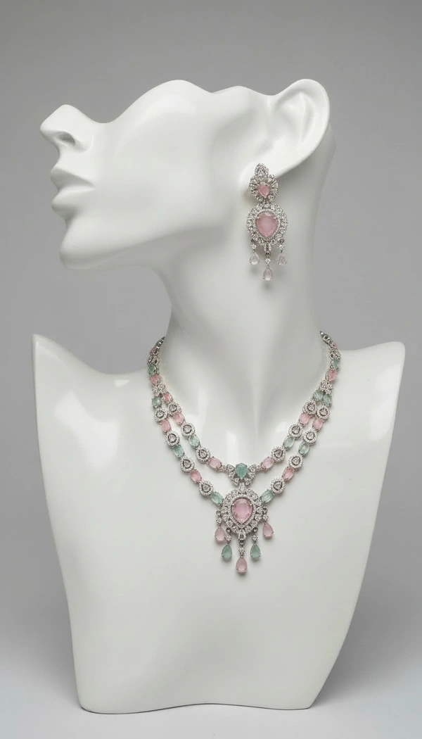 BH0599 : Pastel Pink & Mint Green American Diamond Layered Necklace Set with Statement Earrings for Women – Silver Plated Bridal Jewellery