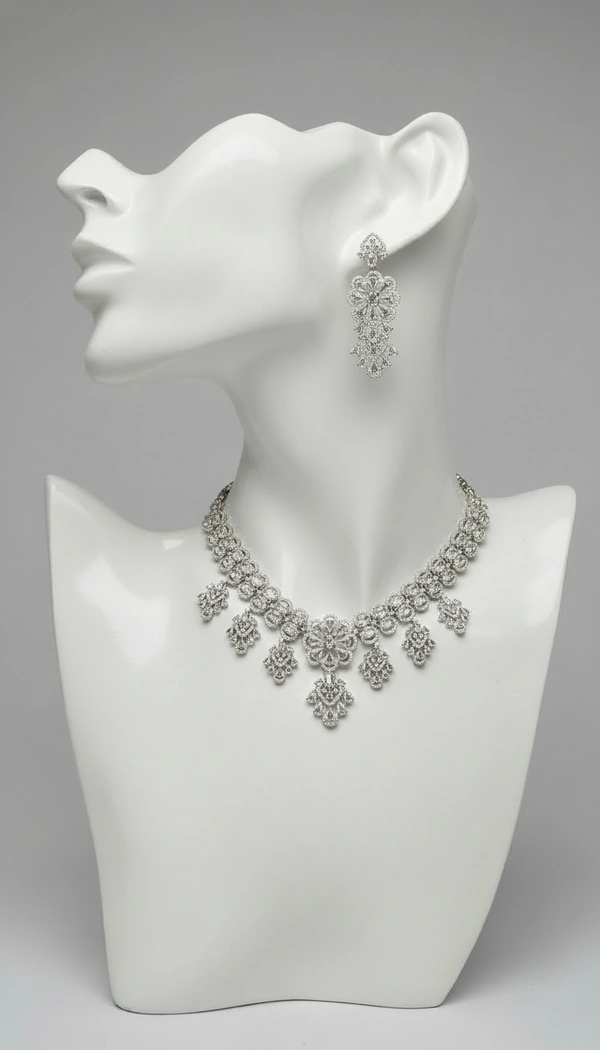BH0602 : Elegant Floral American Diamond Choker Necklace Set with Statement Earrings for Women – Silver Plated Bridal & Party Jewellery