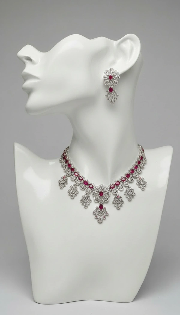 BH0601 : Elegant Ruby Red Stone American Diamond Necklace Set with Floral Earrings for Women – Silver Plated Bridal & Party Jewellery