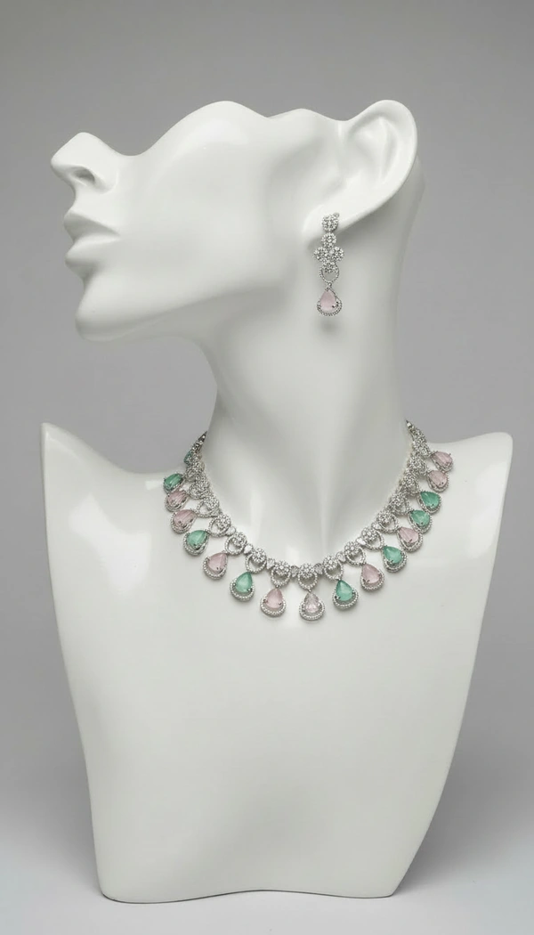 BH605 : Pastel Pink & Mint Green Teardrop American Diamond Necklace Set with Matching Earrings – Silver Plated Party & Bridal Jewellery for Women