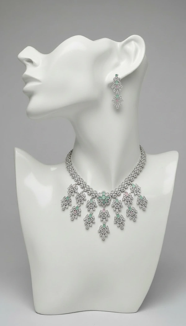 BH607 : Pastel Green & Pink American Diamond Bridal Necklace Set with Long Earrings – Heavy Silver Plated Wedding Jewellery for Women