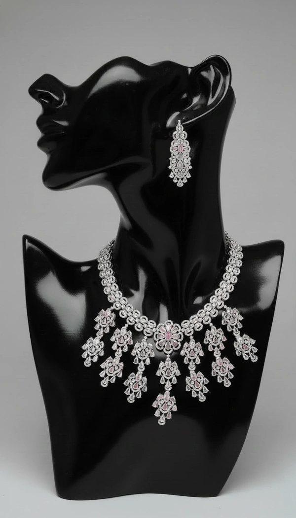 BH0606 : Premium Pink Stone American Diamond Bridal Necklace Set with Long Earrings – Heavy Silver Plated Wedding Jewellery for Women