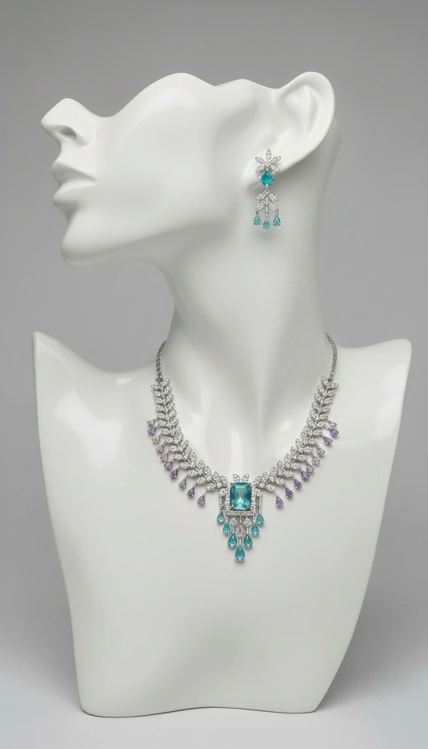 BH0608 : Turquoise Blue & Lavender American Diamond Necklace Set with Matching Earrings – Silver Plated Designer Party & Bridal Jewellery for Women