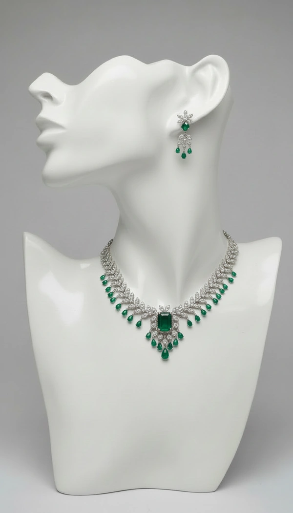 BH0609 : Emerald Green American Diamond Necklace Set with Matching Earrings – Silver Plated Bridal & Party Wear Jewellery for Women