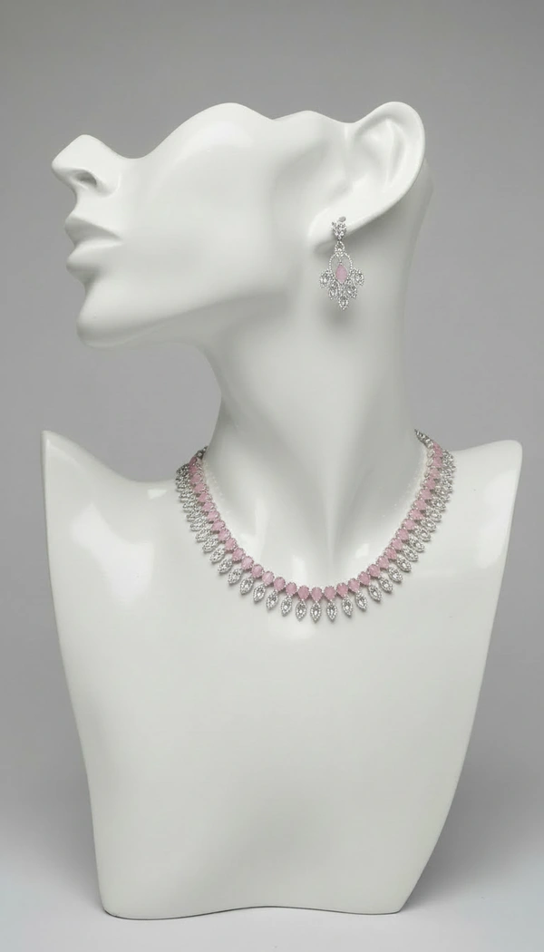 BH0613 : Pink Ruby American Diamond Necklace Set with Matching Earrings – Silver Plated Party Wear & Bridal Jewellery for Women