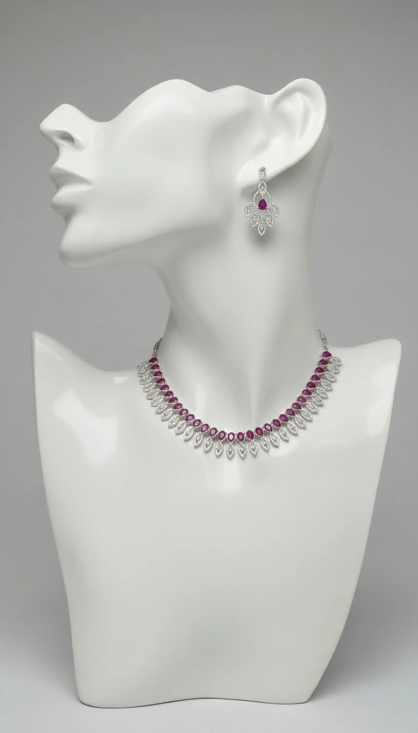 BH0612 : Red Ruby American Diamond Necklace Set with Matching Earrings – Silver Plated Party Wear & Bridal Jewellery for Women