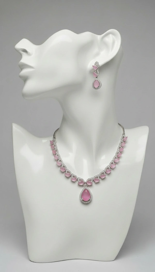 BH614 : Elegant Pink Stone American Diamond Necklace Set with Drop Earrings – Silver Plated Bridal & Party Wear Jewellery for Women