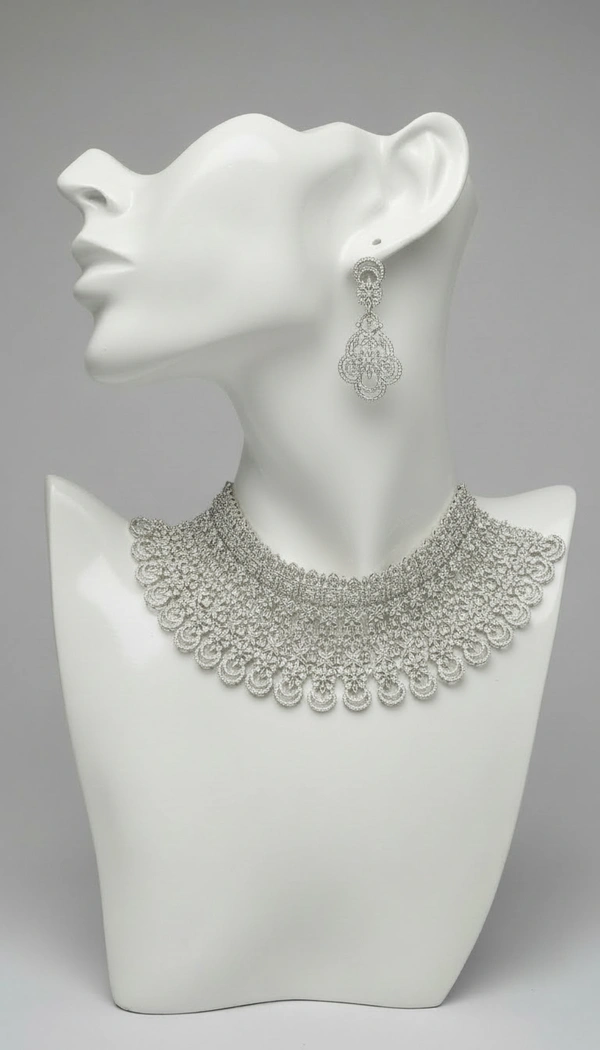 BH615 : Heavy American Diamond Bridal Choker Necklace Set with Statement Earrings – Silver Plated Wedding & Party Wear Jewellery for Women