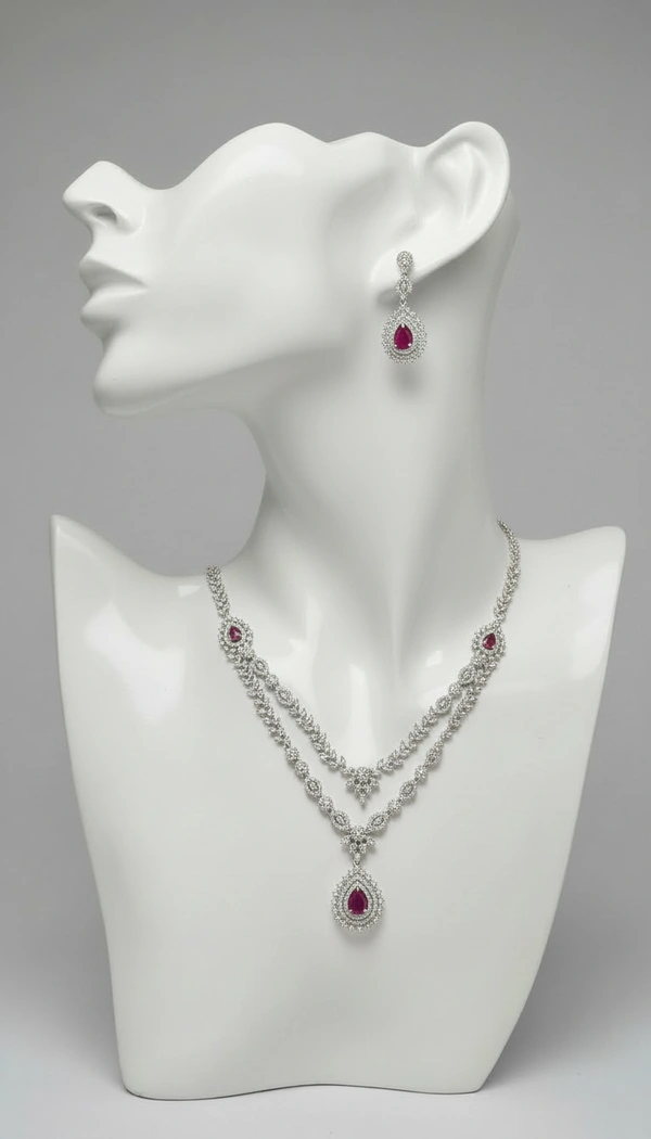 BH156 : Layered American Diamond Necklace Set with Pink Ruby Teardrop Pendant & Earrings – Silver Plated Party Wear Jewellery for Women