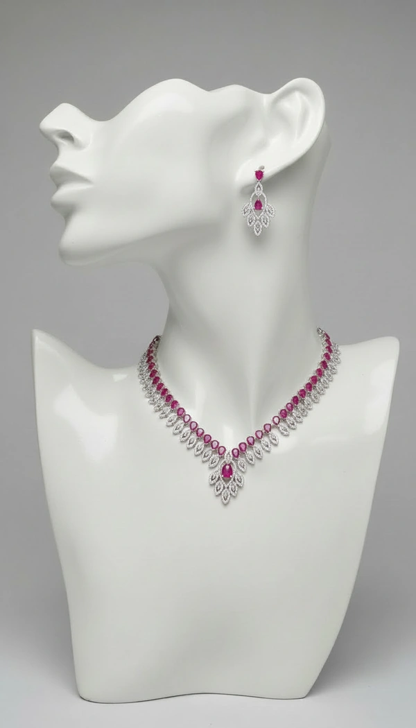 BH0620 : Red Stone American Diamond Necklace Set with Matching Earrings – Silver Plated Party Wear & Bridal Jewellery for Women