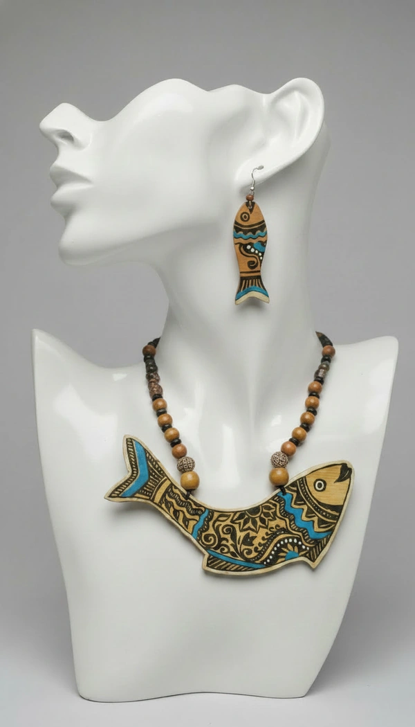 BH0362 : Dokra Art Inspired Handcrafted Wooden Jewelry Set with Tribal Motif